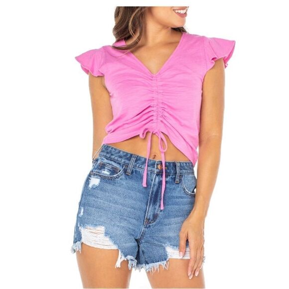 Women's Ruched Front Cropped Cotton Short Sleeve T-Shirt Top 2-Pack Size L - Picture 6 of 9